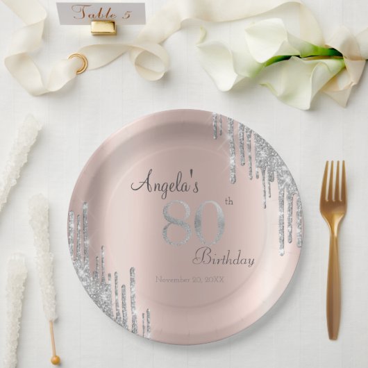 Assiettes En Carton Parties scintillant argent gouttes Rose or 80e ann (Mariage)
