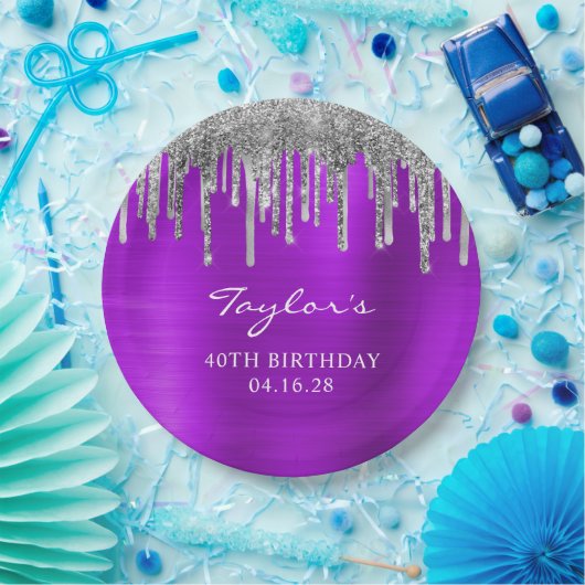 Assiettes En Carton Parties scintillant argent gouttes violet huile 40 (Fête)