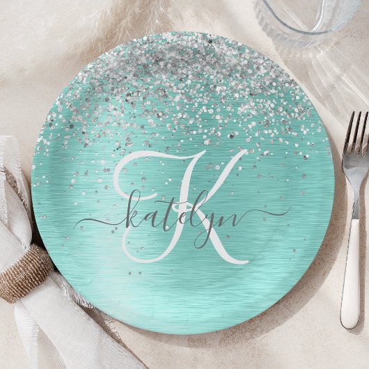 Assiettes En Carton Parties scintillant argentée turquoise en métal br