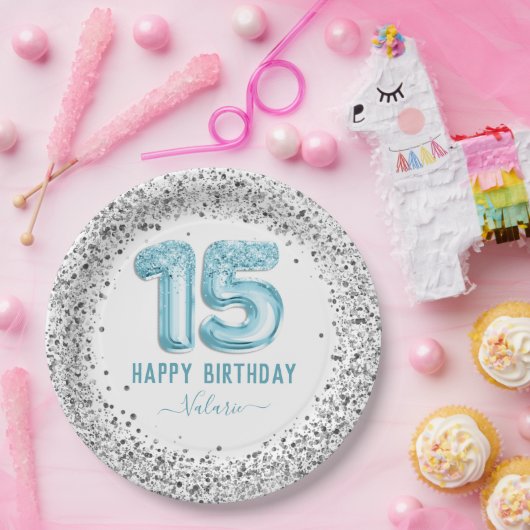 Assiettes En Carton Parties scintillant Bleu clair Joyeux 15e annivers (Fête)