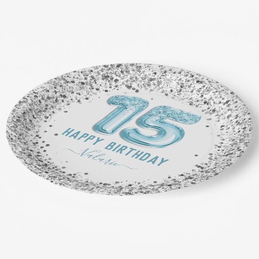 Assiettes En Carton Parties scintillant Bleu clair Joyeux 15e annivers (Angle)