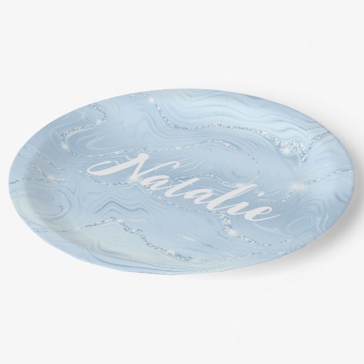 Assiettes En Carton Parties scintillant bleu moderne marbre Nom person (Angle)
