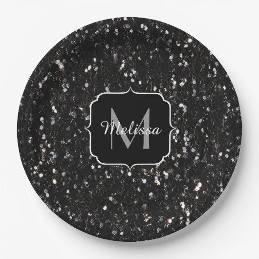 Assiettes En Carton Parties scintillant brillante noire et blanche Mon (Devant)