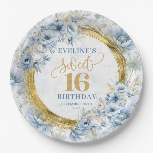 Assiettes En Carton Parties scintillant classique Sweet sixteen bleu c (Devant)