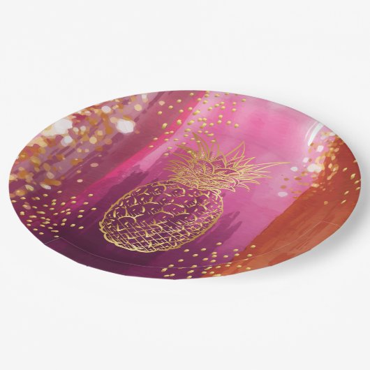 Assiettes En Carton Parties scintillant d'ananas rose (Angle)