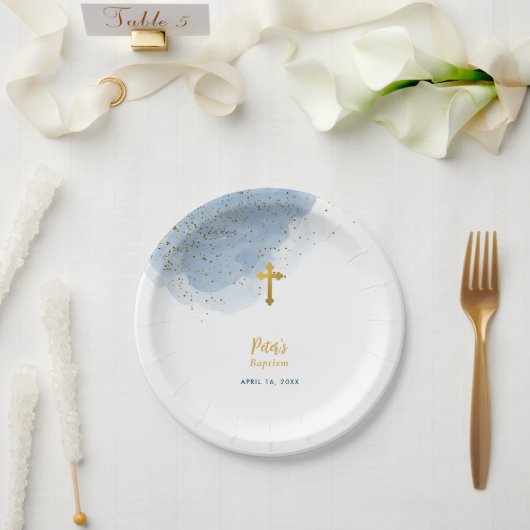 Assiettes En Carton Parties scintillant d'aquarelle bleu Croix d'or Ba (Mariage)