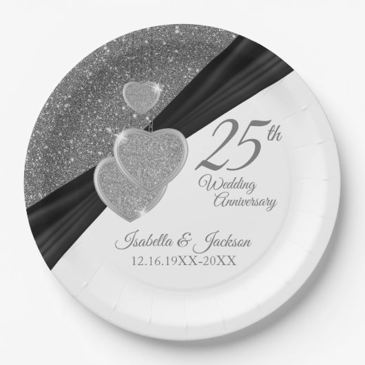 Assiettes En Carton Parties scintillant d'argent 25e anniversaire Mari (Devant)