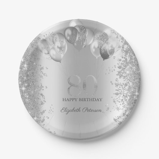 Assiettes En Carton Parties scintillant d'argent Balloons Confetti 80e (Devant)