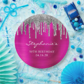 Assiettes En Carton Parties scintillant d'argent gouttes à chaud rose (Fête)