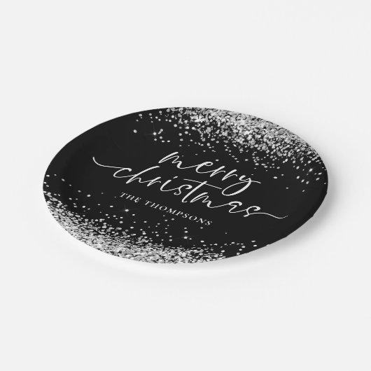 Assiettes En Carton Parties scintillant d'argent Joyeux Noël fête Noir (Angle)