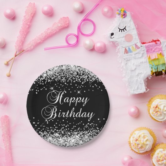 Assiettes En Carton Parties scintillant d'argent Noir Joyeux anniversa (Fête)