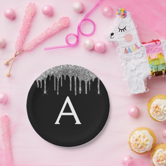 Assiettes En Carton Parties scintillant d'argent noir Monogramme Anniv (Fête)