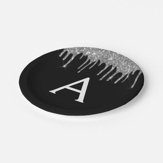 Assiettes En Carton Parties scintillant d'argent noir Monogramme Anniv (Angle)