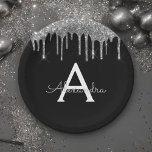 Assiettes En Carton Parties scintillant d'argent noir Monogramme Anniv<br><div class="desc">Noir - Parties scintillant Faux Argent et Élégant Anniversaire, Réception de Mariage, Fête des mariées, Baby shower ou Bachelorette Plaques papier. Ces plaques de Mariage, de Fête des mariées ou de fête d'anniversaire peuvent être customisées pour inclure votre nom initial et prénom. Veuillez contacter le concepteur pour customiser les articles...</div>