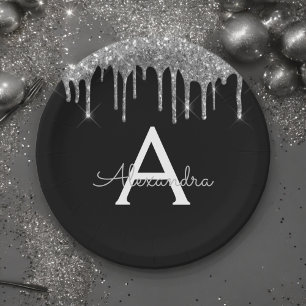 Assiettes En Carton Parties scintillant d'argent noir Monogramme Anniv