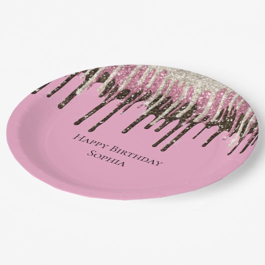 Assiettes En Carton Parties scintillant de crème glacée rose Chocolat, (Angle)