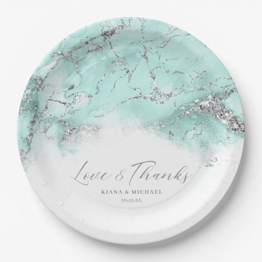 Assiettes En Carton Parties scintillant de marbre Mariage Turquoise Si (Devant)