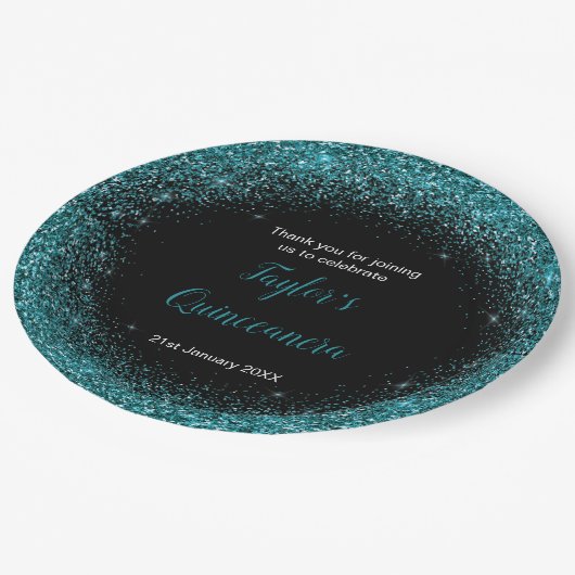 Assiettes En Carton Parties scintillant de Quinceanera Blue Turquoise (Angle)