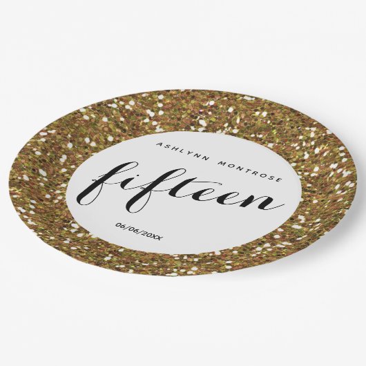 Assiettes En Carton Parties scintillant d'or 15e anniversaire (Angle)