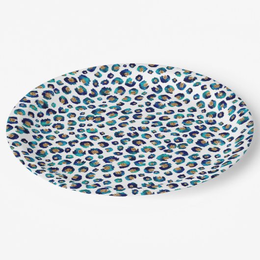 Assiettes En Carton Parties scintillant d'or bleu Motif Leopard (Angle)