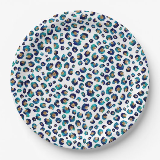 Assiettes En Carton Parties scintillant d'or bleu Motif Leopard (Devant)