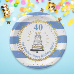 Assiettes En Carton Parties scintillant d'or Bleu Stripe N'importe que<br><div class="desc">Célébrez la fille d'anniversaire en style avec ces plaques de papier amusantes et festives avec un motif à rayures bleues et blanches accentué avec des points confettis parties scintillant en faux or et un gâteau d'anniversaire dessiné à la main. Ajoutez son âge,  son nom et son texte personnalisé.</div>