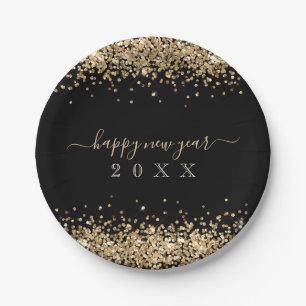 Assiettes En Carton Parties scintillant d'or Bordures Script Bonne ann