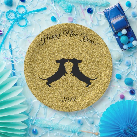 Assiettes En Carton Parties scintillant d'or Dachshund Joyeuses Plaque (Fête)