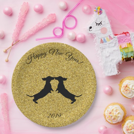 Assiettes En Carton Parties scintillant d'or Dachshund Joyeuses Plaque (Fête)