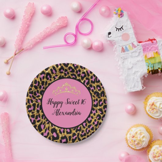 Assiettes En Carton Parties scintillant d'or de Léopard rose et noir (Fête)