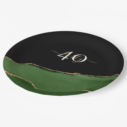Assiettes En Carton Parties scintillant d'or et Monogramme d'âge vert (Angle)