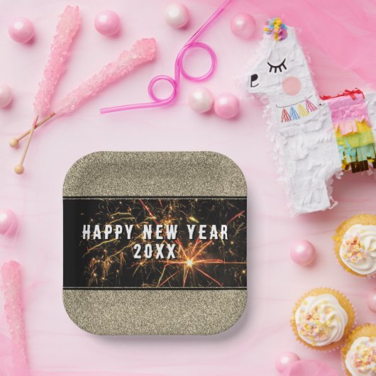 Assiettes En Carton Parties scintillant d'or Feu d'artifice Joyeux Nou (Fête)