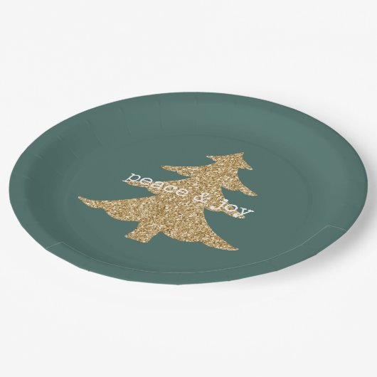 Assiettes En Carton Parties scintillant d'or Noël Pine Green Peace (Angle)
