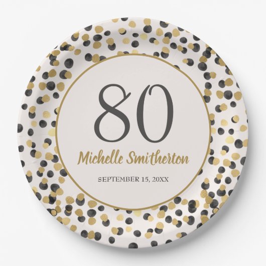 Assiettes En Carton Parties scintillant d'or noir Confetti 80e anniver (Devant)