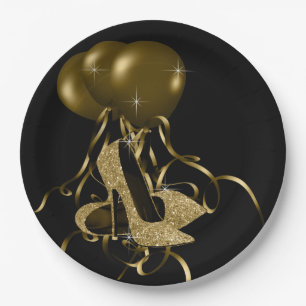 Assiettes En Carton Parties scintillant d'or noir talon haute chaussur