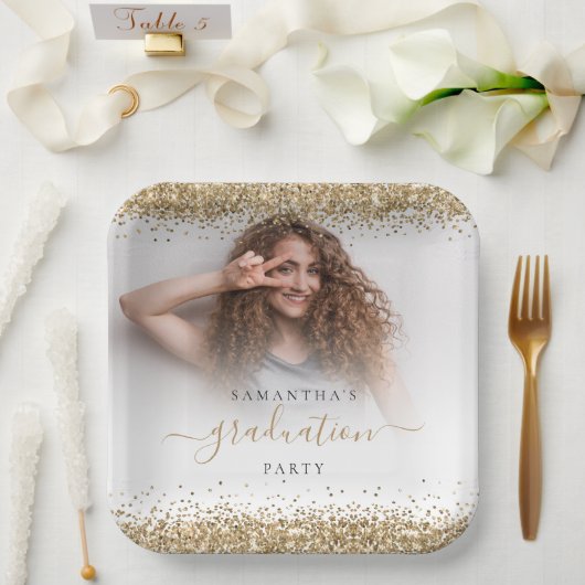 Assiettes En Carton Parties scintillant d'or Nom photo Graduation 2024 (Mariage)