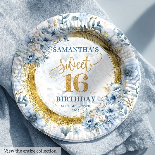 Assiettes En Carton Parties scintillant d'or Pastel Blue Sweet sixteen