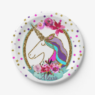 Assiettes En Carton Parties scintillant d'or Pois Unicorn fête d'anniv