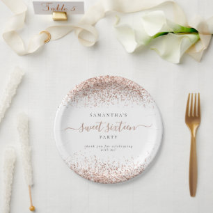 Assiettes En Carton Parties scintillant d'or rose Nom Sweet sixteen