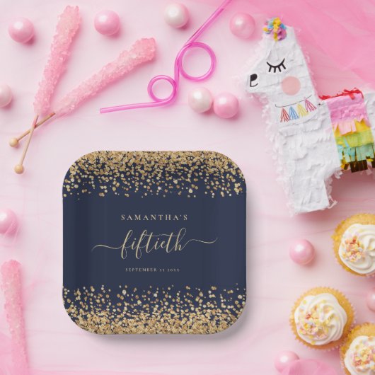 Assiettes En Carton Parties scintillant d'or Script Marine Blue Glam 5 (Fête)