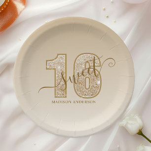 Assiettes En Carton Parties scintillant d'or Script Sweet 16 Anniversa