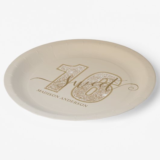 Assiettes En Carton Parties scintillant d'or Script Sweet 16 Anniversa (Angle)