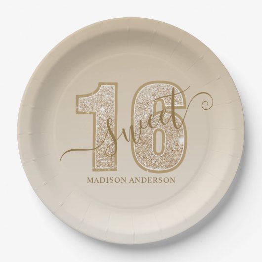 Assiettes En Carton Parties scintillant d'or Script Sweet 16 Anniversa (Devant)