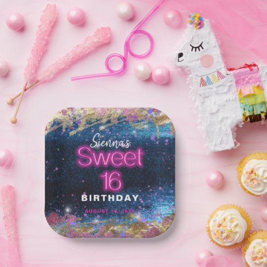 Assiettes En Carton Parties scintillant dorée moderne Hot Neon Rose Sw (Fête)