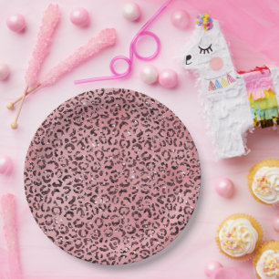 Assiettes En Carton Parties scintillant empreinte de léopard rose