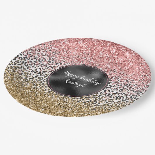 Assiettes En Carton Parties scintillant Empreinte de léopard rose noir (Angle)