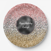 Assiettes En Carton Parties scintillant Empreinte de léopard rose noir (Devant)