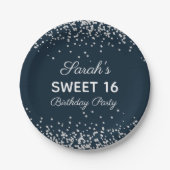 Assiettes En Carton Parties scintillant en argent bleu marine Sweet 16 (Devant)
