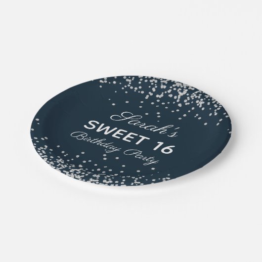 Assiettes En Carton Parties scintillant en argent bleu marine Sweet 16 (Angle)