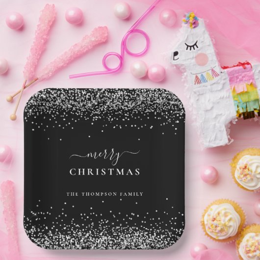 Assiettes En Carton Parties scintillant en argent Nom noir Joyeux Noël (Fête)